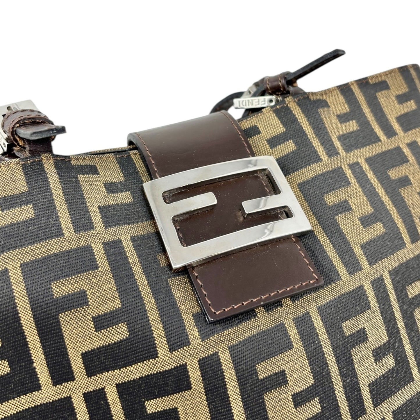 FENDI Vintage Zucca Logo Monogram Canvas Tote Shoulder Bag Leather Brown Silver