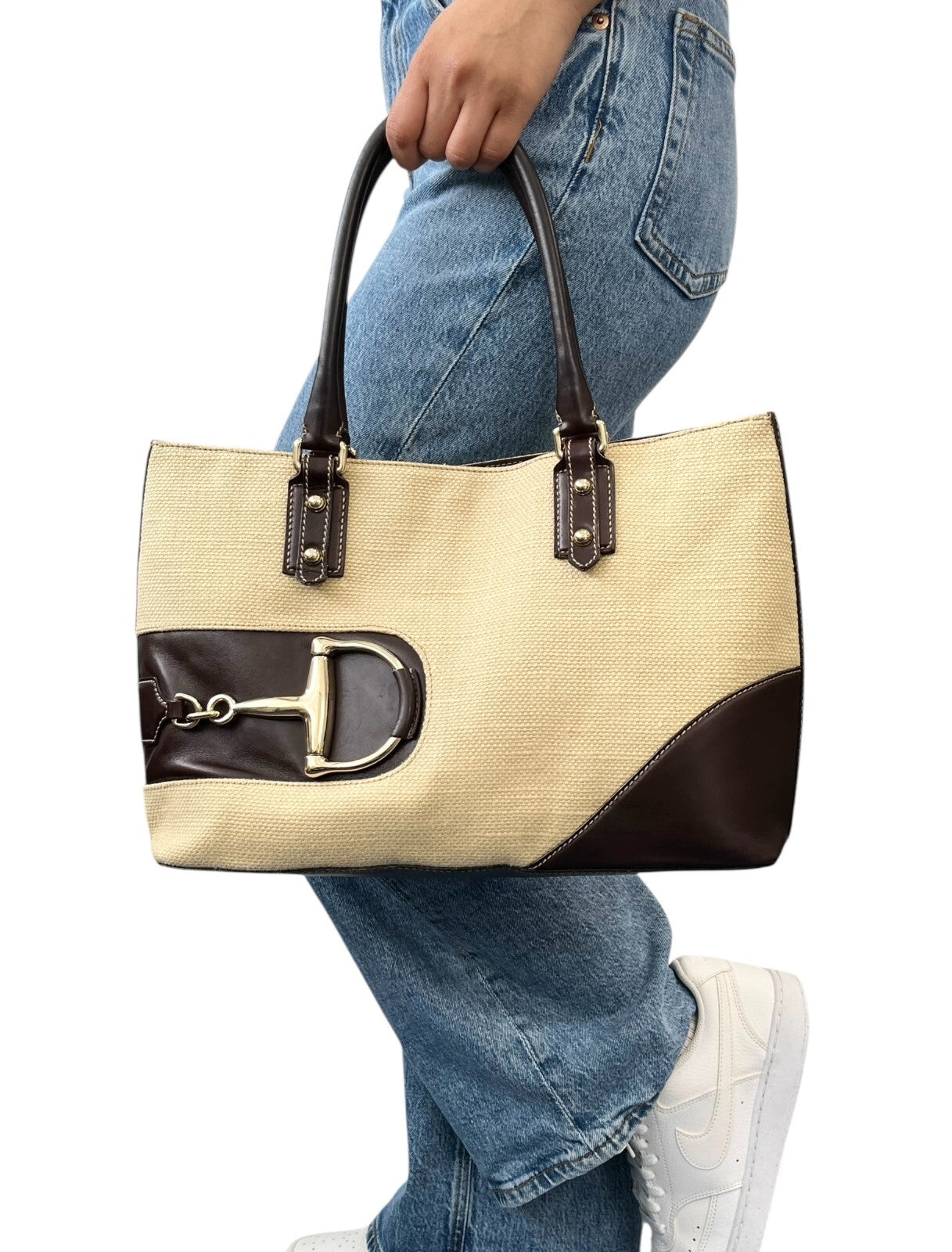GUCCI Vintage Horsebit Shoulder Tote Bag Beige Brown Silver Cotton Leather