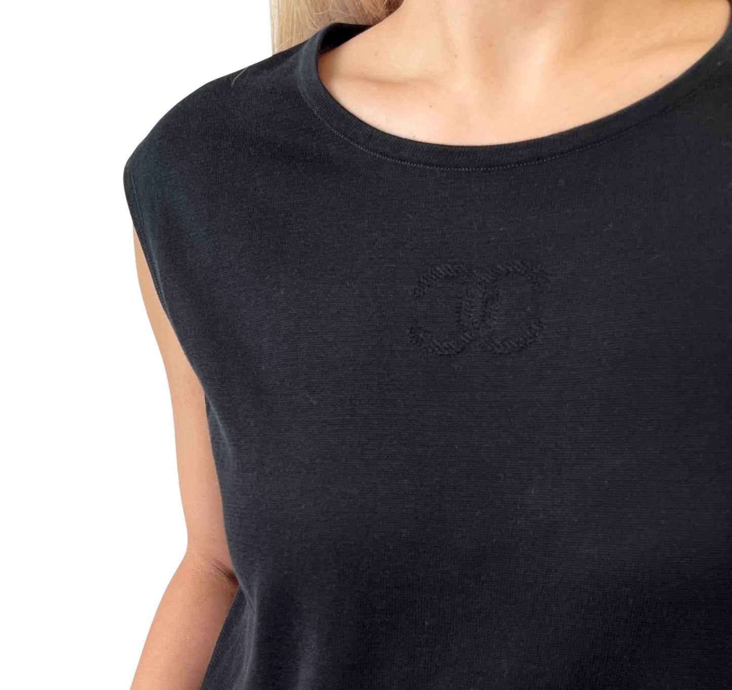 CHANEL Vintage 06P CC Logo Knit Tank Top #42 Pullover Black Cotton