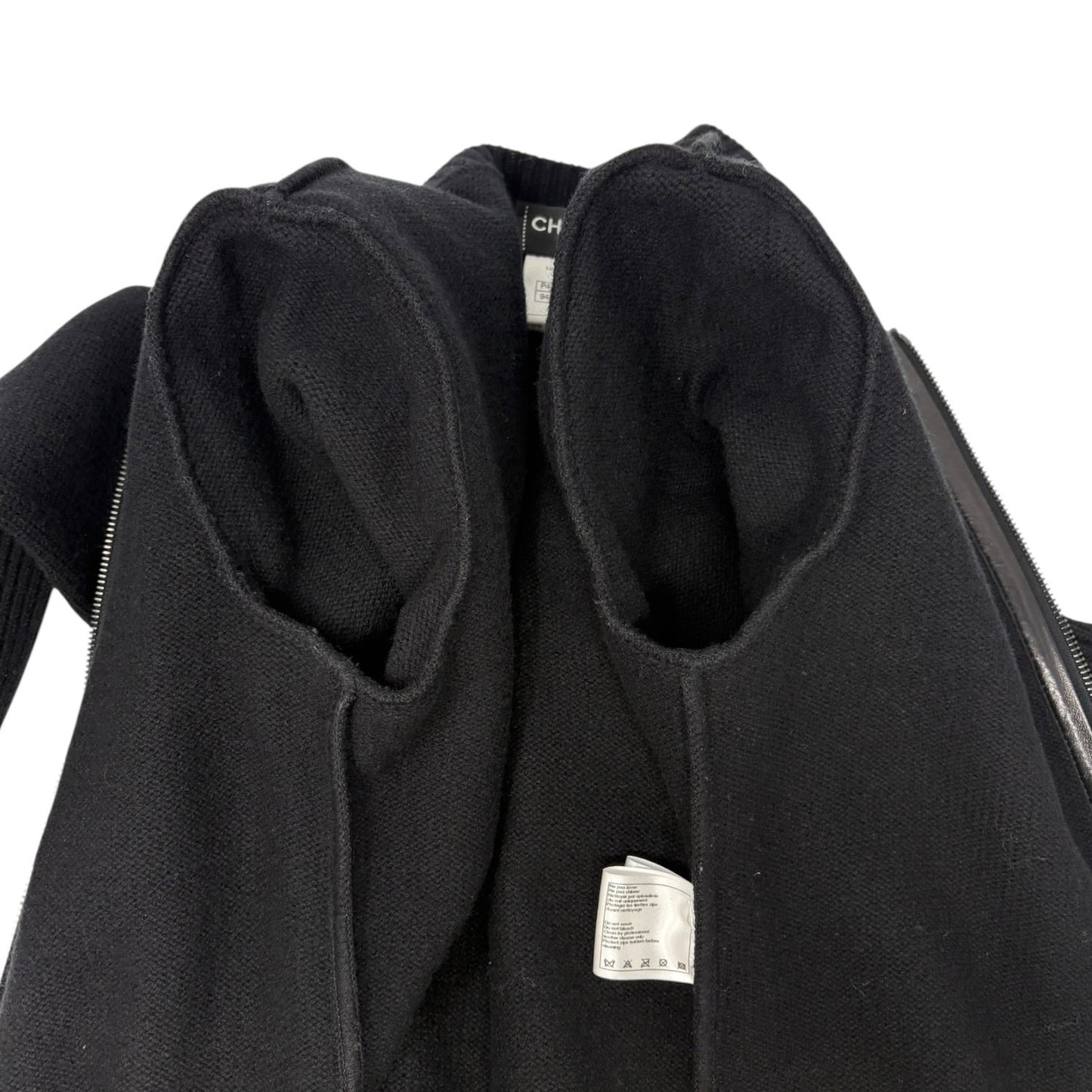 CHANEL Vintage P44562 CC Logo Lambskin Leather Knit Long Jacket #36 Wool Black