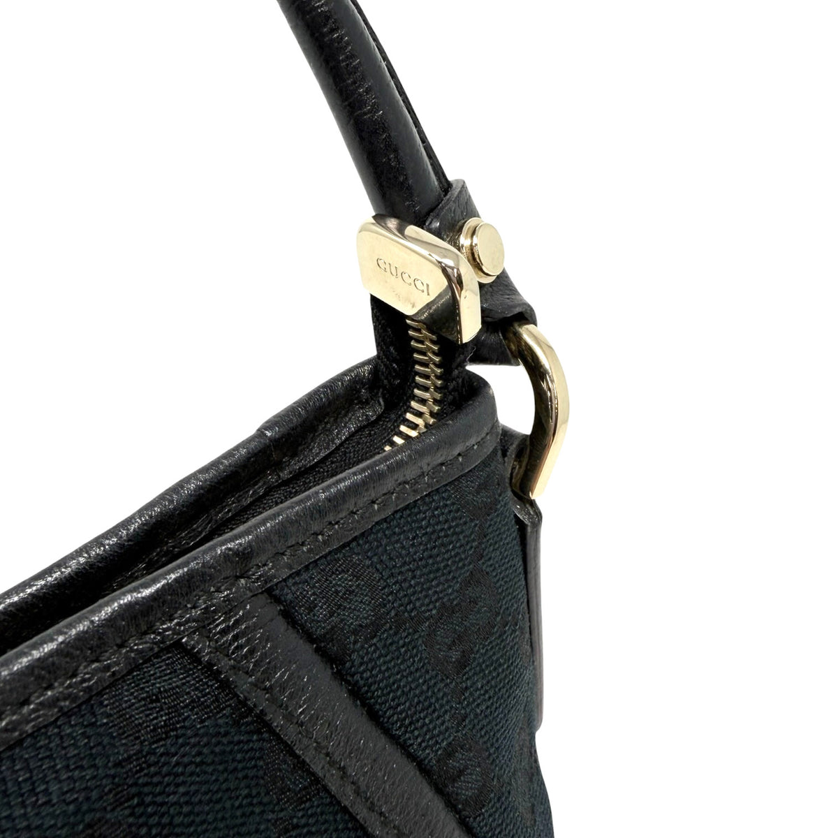 GUCCI Vintage GG Monogram Logo Abbey Bag Zip Black Gold Canvas Leather 902815