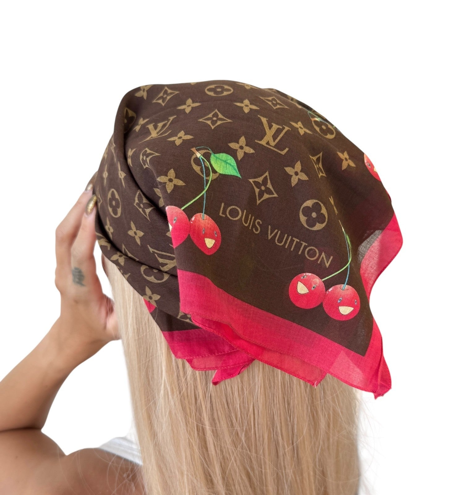 LOUIS VUITTON Vintage LV Monogram Cherry Scarf Wrap Takashi Murakami Brown Red