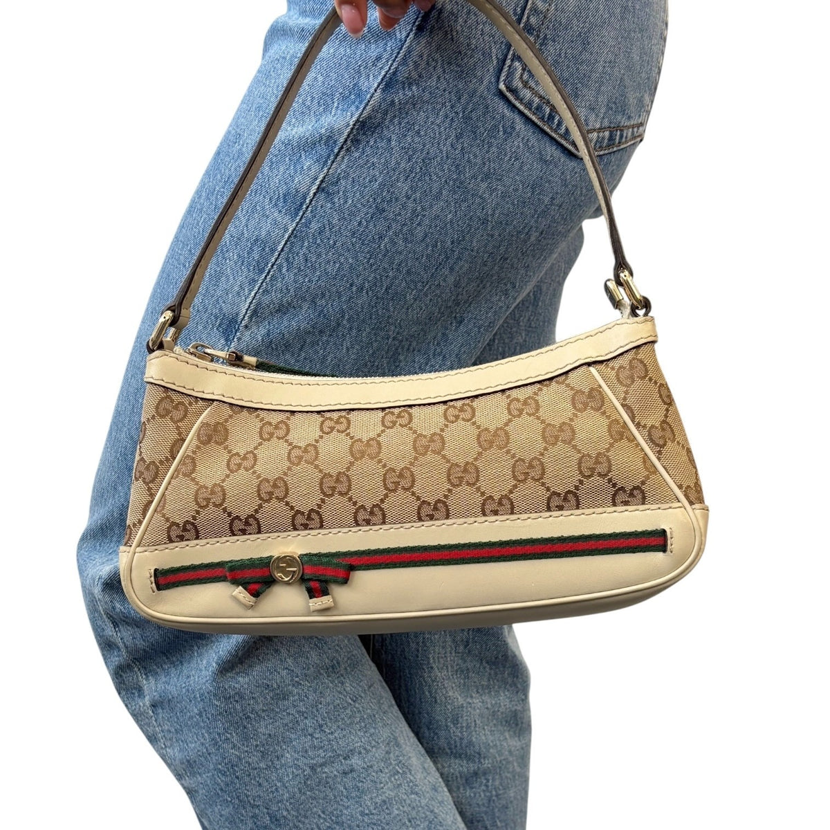 GUCCI Vintage GG Monogram Web Stripe Canvas Shoulder Bag Beige Ribbon 902487