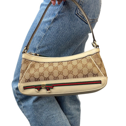 GUCCI Vintage GG Monogram Web Stripe Canvas Shoulder Bag Beige Ribbon 902487