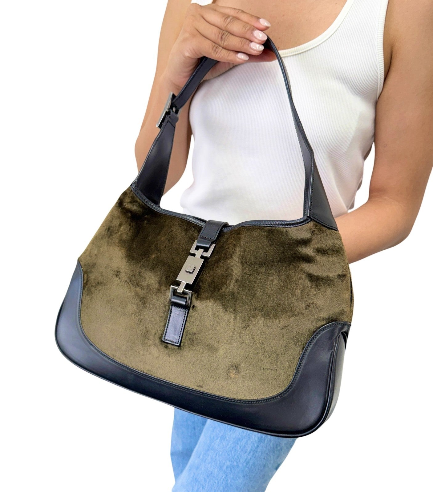 GUCCI Vintage Jackie Velour Shoulder Bag Handbag Green Black Leather 901870