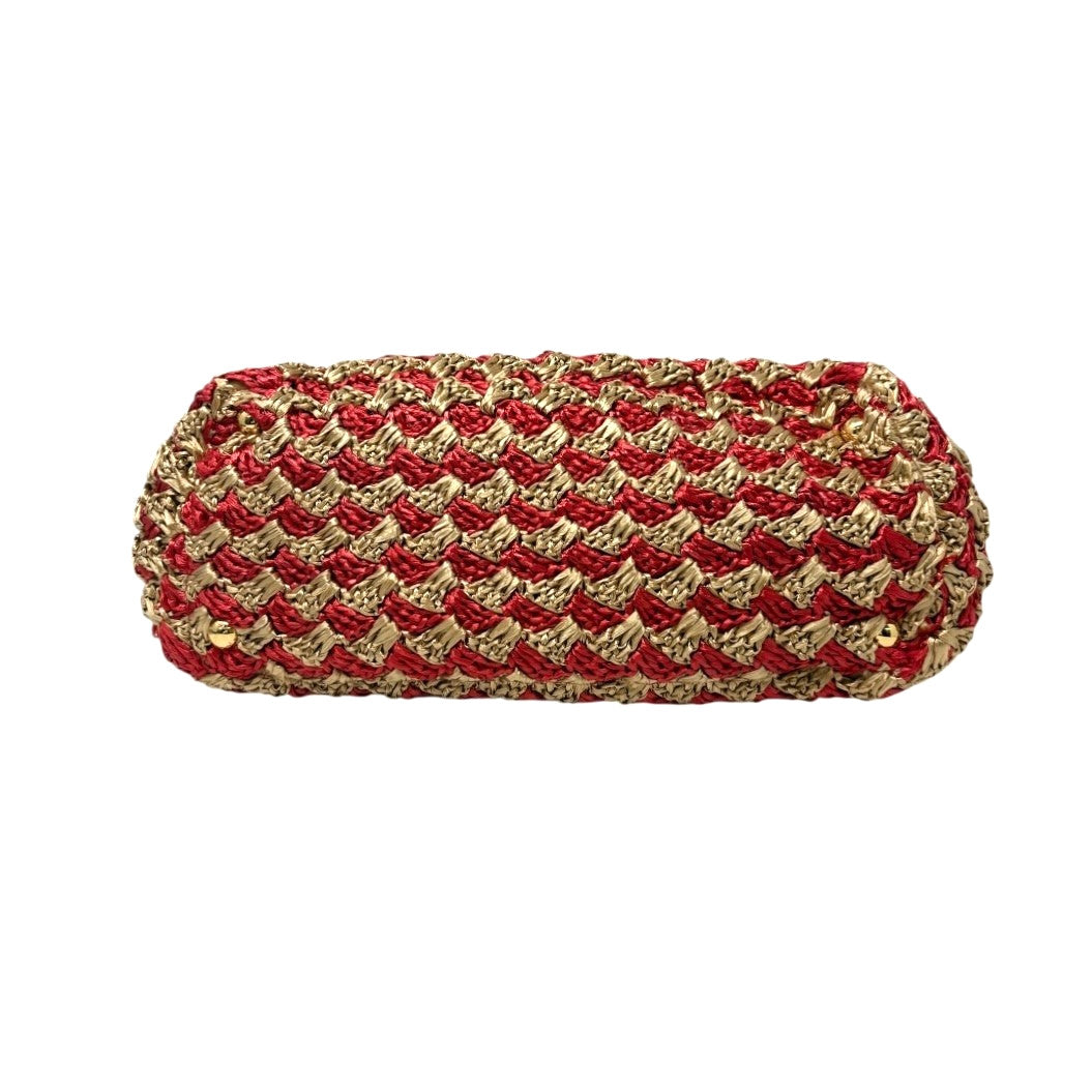 PRADA Vintage Triangle Logo Raffia Canapa Tote Bag Red Beige Gold Crochet