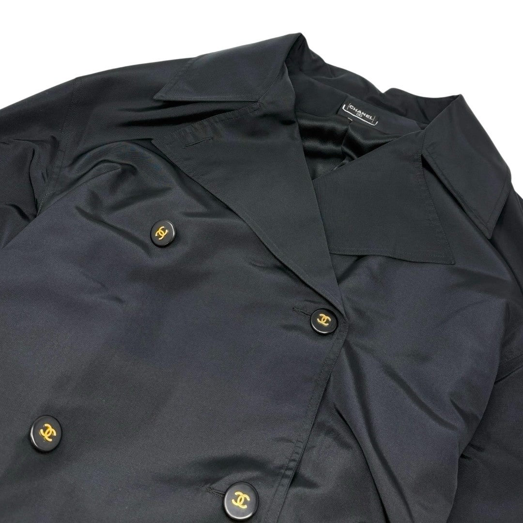 CHANEL Vintage CC Mark Logo Trench Coat Button Pocket Black Gold Silk