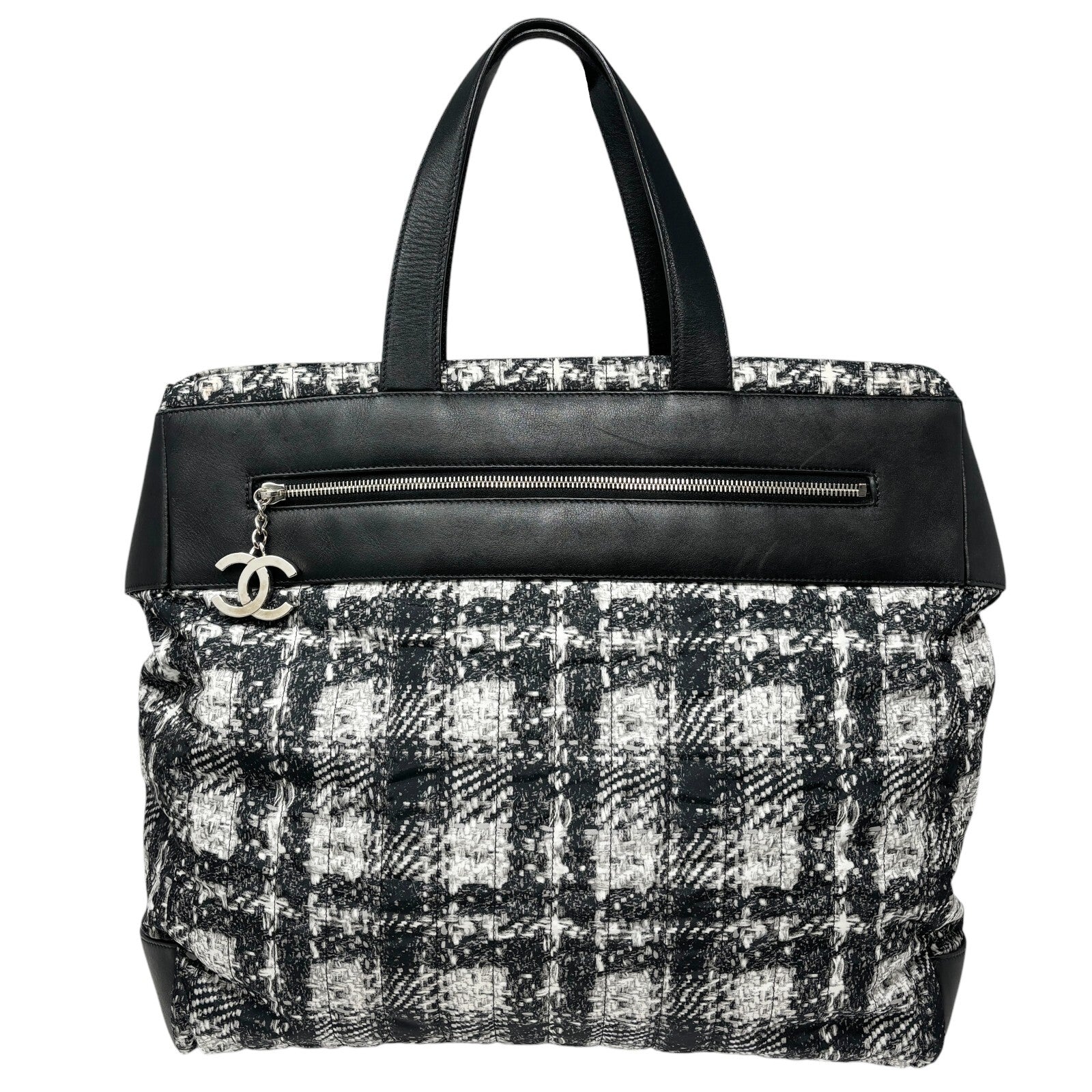 CHANEL Vintage 2013 CC Logo Tweed Print Tote Bag Black Silver Nylon Leather