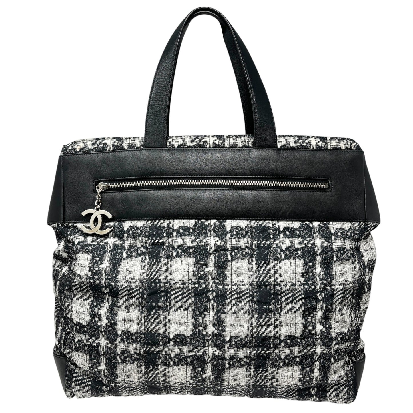 CHANEL Vintage 2013 CC Logo Tweed Print Tote Bag Black Silver Nylon Leather