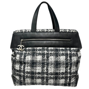 CHANEL Vintage 2013 CC Logo Tweed Print Tote Bag Black Silver Nylon Leather
