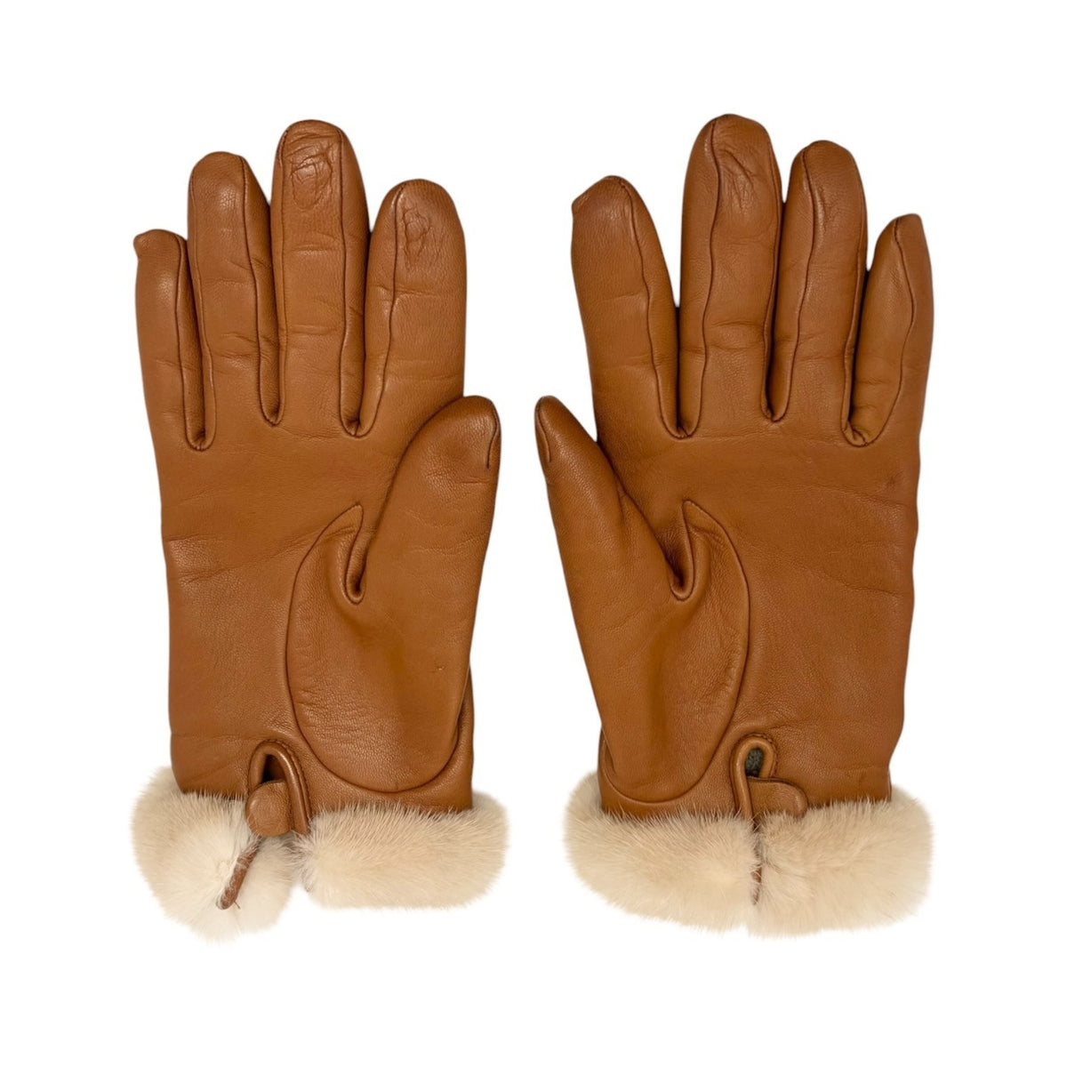 HERMES Vintage Kelly Padlock Cadena Fur Trim Leather Gloves #7 Brown 902367