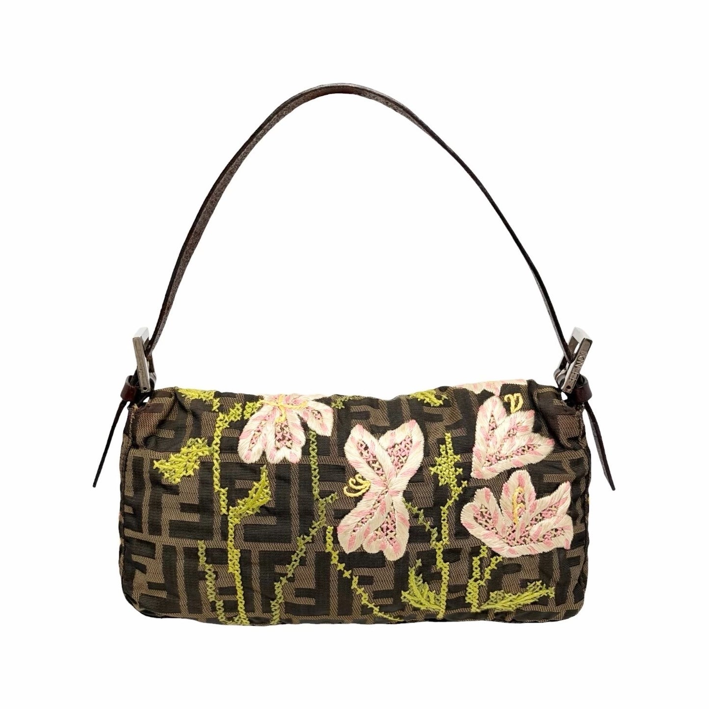 FENDI Vintage FF Zucca Mamma Baguette Flower Shoulder Bag Canvas Brown 901848