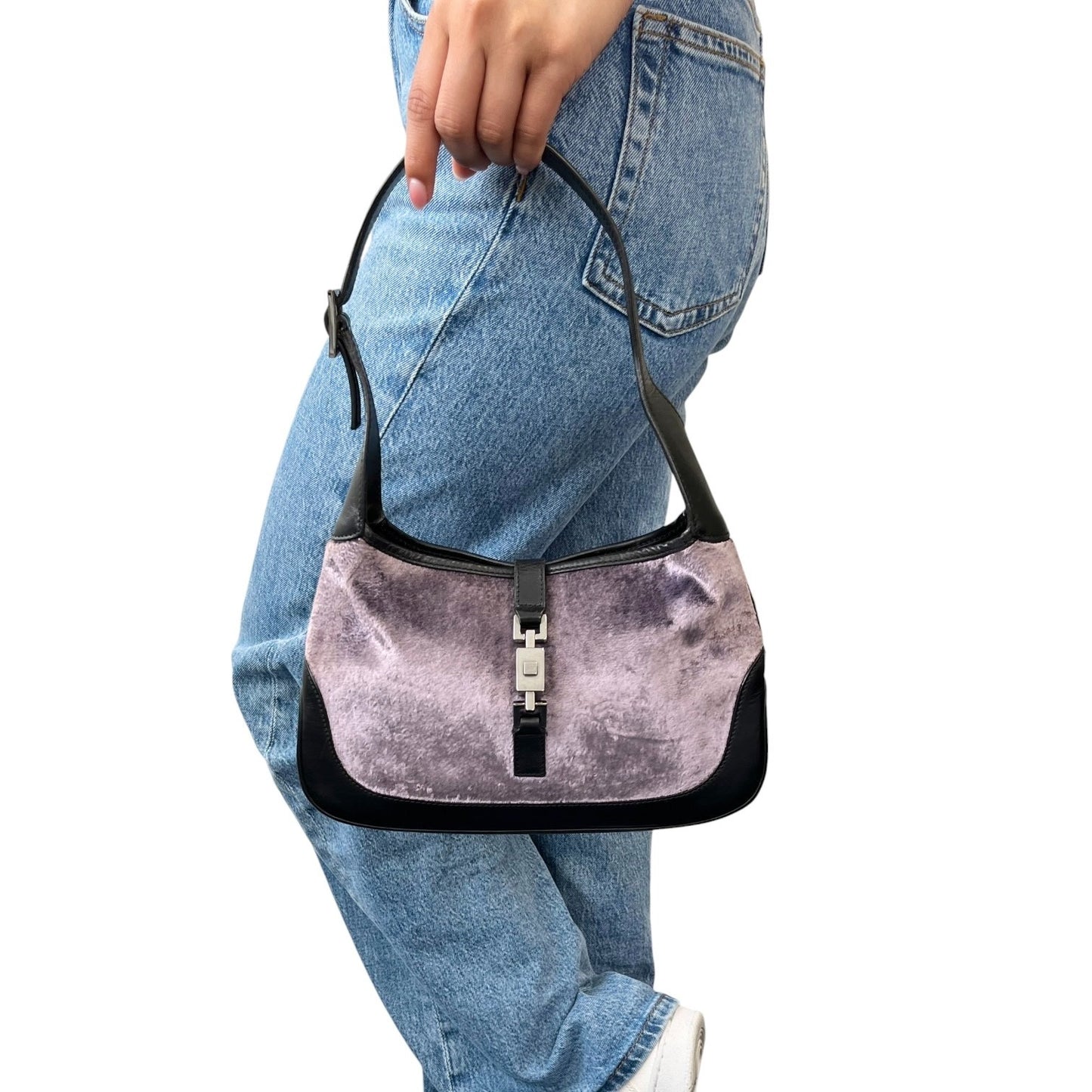 GUCCI Vintage Logo Jackie Velour Shoulder Bag Handbag Purple Black 902061