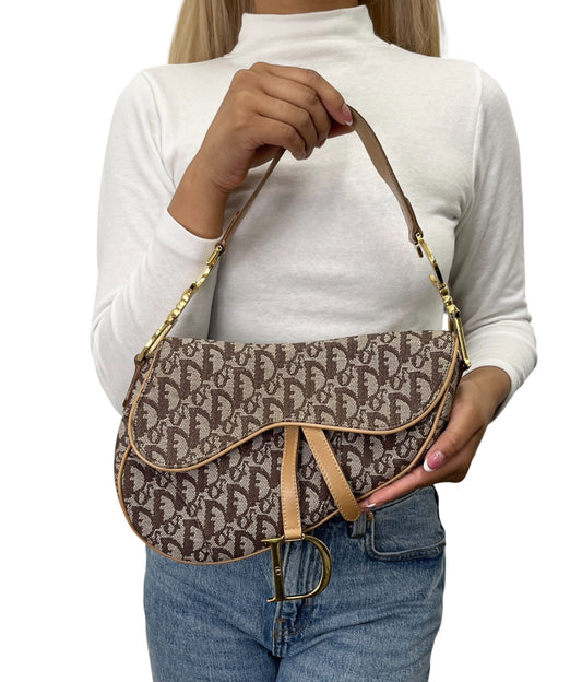Christian Dior Vintage Trotter Monogram Saddle Bag Brown  Gold Canvas 902327