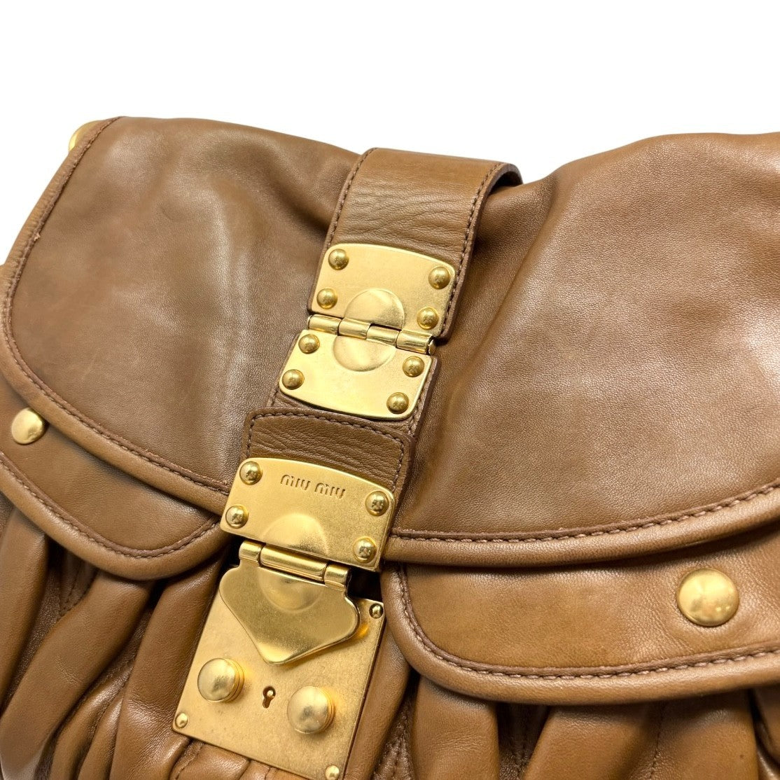 Miu Miu Vintage Logo 2way Shoulder Bag Handbag Brown Gold Leather 902346
