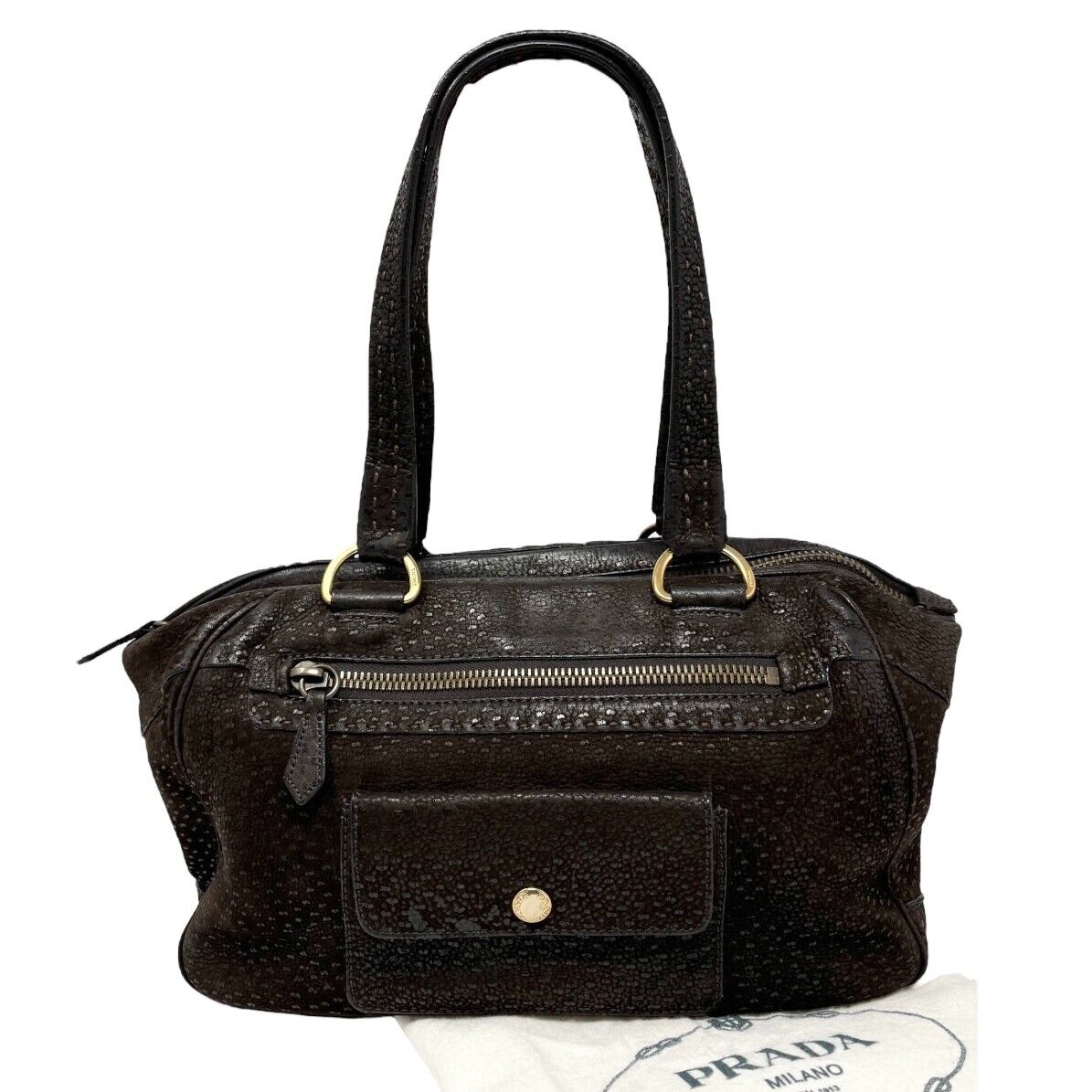 PRADA Vintage Logo Shoulder Bag Tote Bag Stitch Pocket Brown Gold Leather