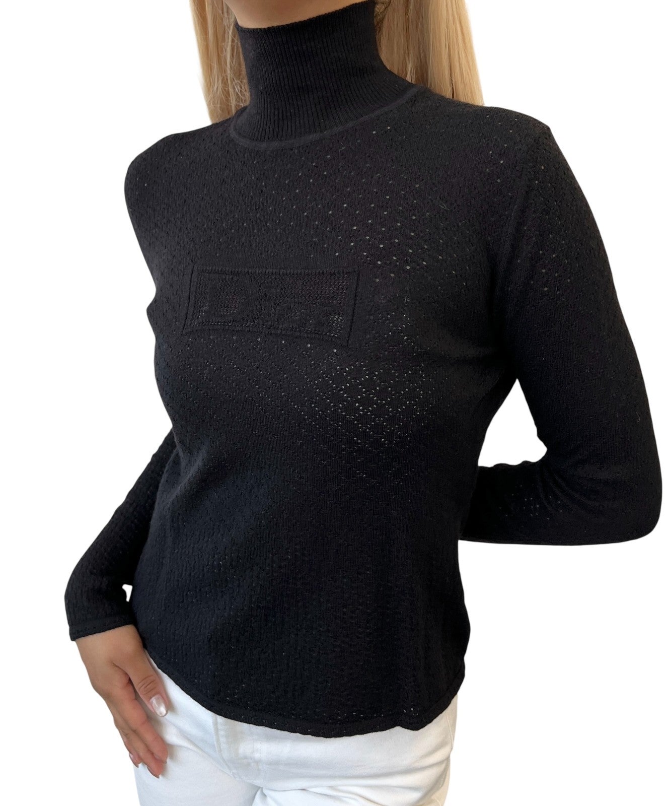 Christian Dior Vintage Logo Turtleneck Knit Mesh Sweater Long Sleeve Black