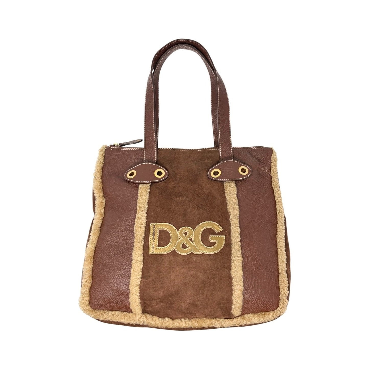 DOLCE&GABBANA Vintage DG Logo Fur Tote Shoulder Bag Brown Beige Suede 902426