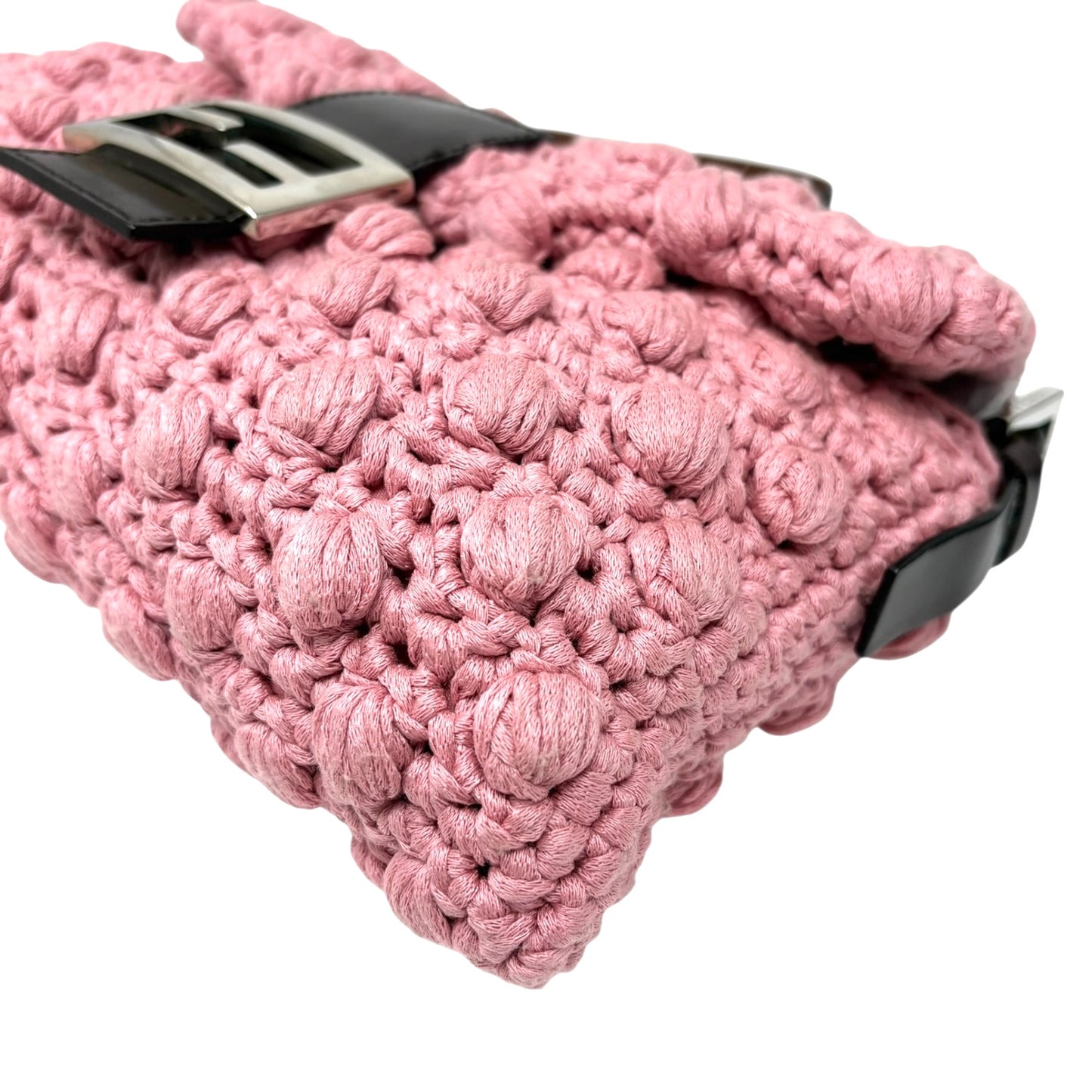 FENDI Vintage FF Logo Crochet Mamma Baguette Shoulder Bag Knit Pink Brown Wool