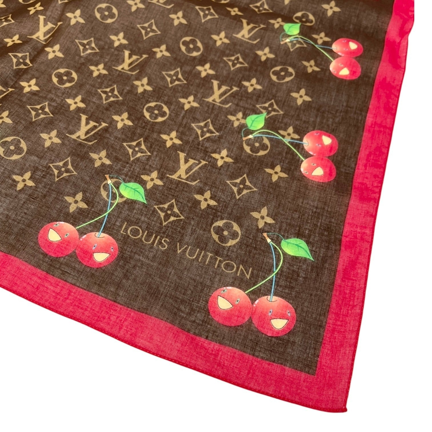 LOUIS VUITTON Vintage LV Monogram Cherry Scarf Wrap Takashi Murakami Brown Red