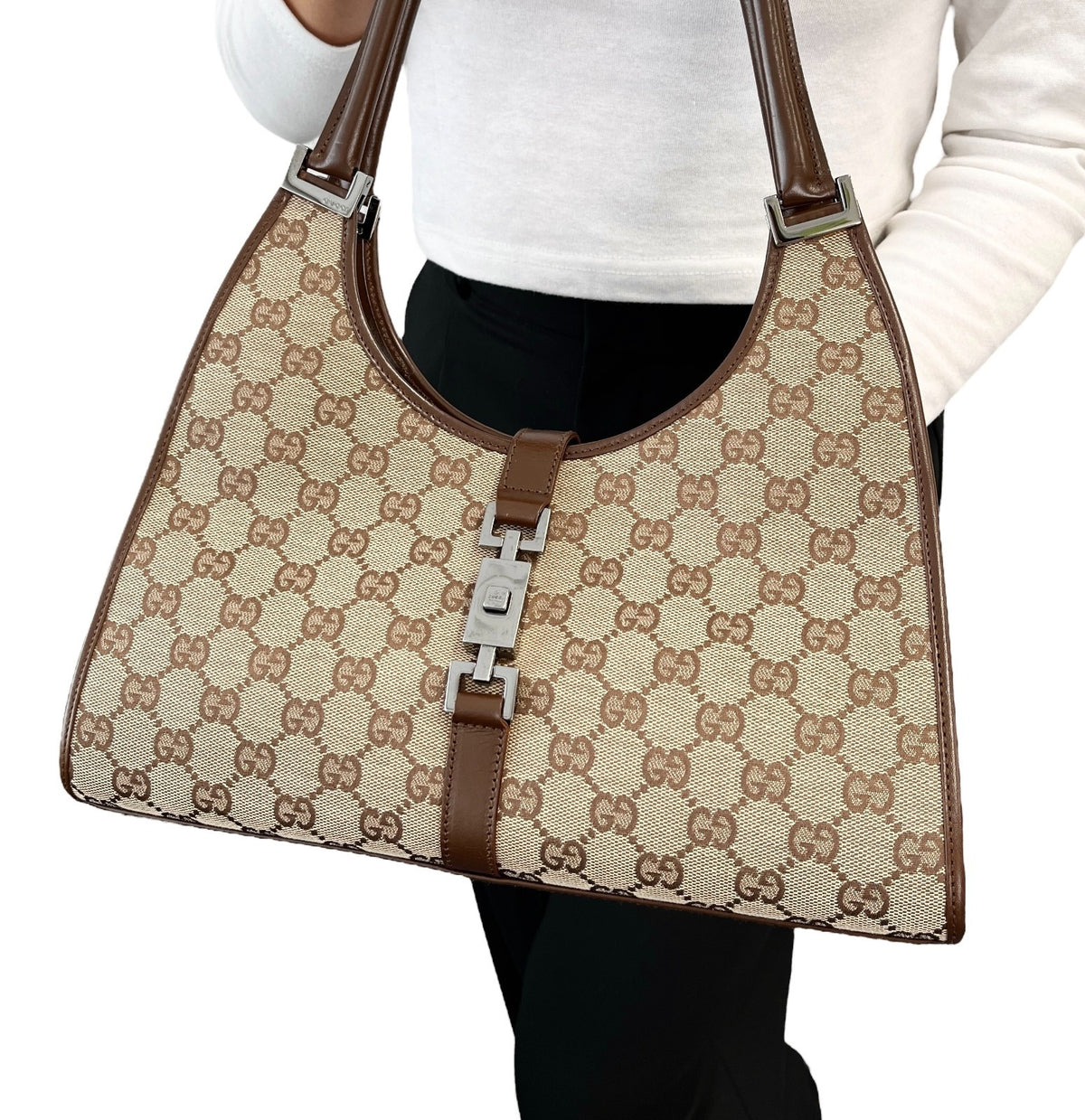 GUCCI Vintage Jackie GG Monogram Shoulder Bag Beige Brown Canvas 902460
