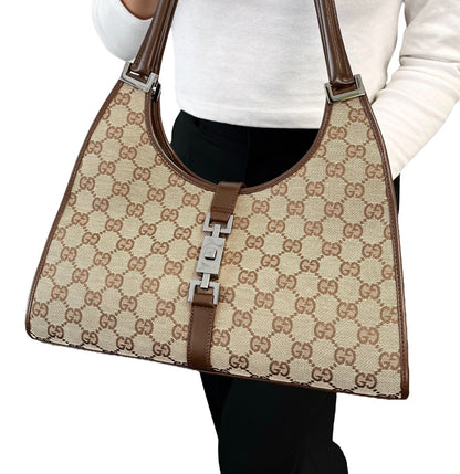 GUCCI Vintage Jackie GG Monogram Shoulder Bag Beige Brown Canvas 902460