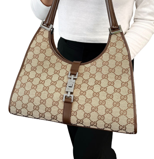 GUCCI Vintage Jackie GG Monogram Shoulder Bag Beige Brown Canvas 902460