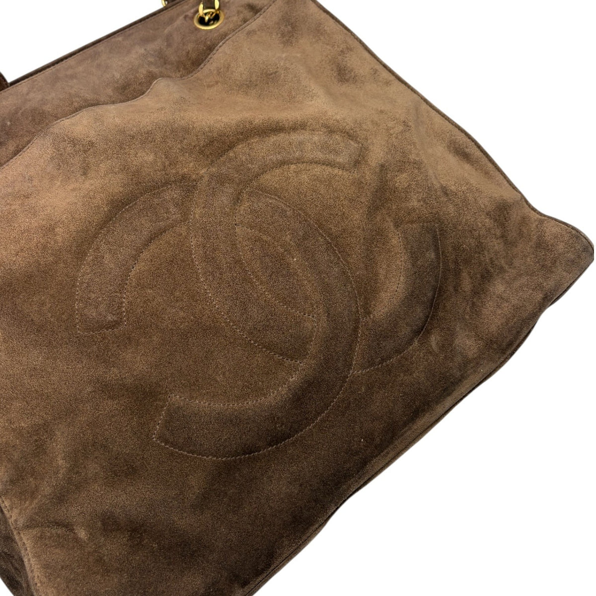 CHANEL Vintage Stitch CC Logo Suede Chain Tote Shoulder Bag Brown 902376