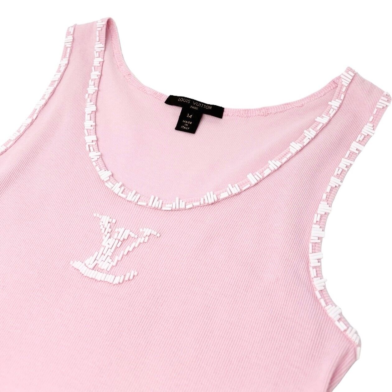 LOUIS VUITTON Vintage LV Beads Logo Tank Top #M Pink White Cotton Rank AB