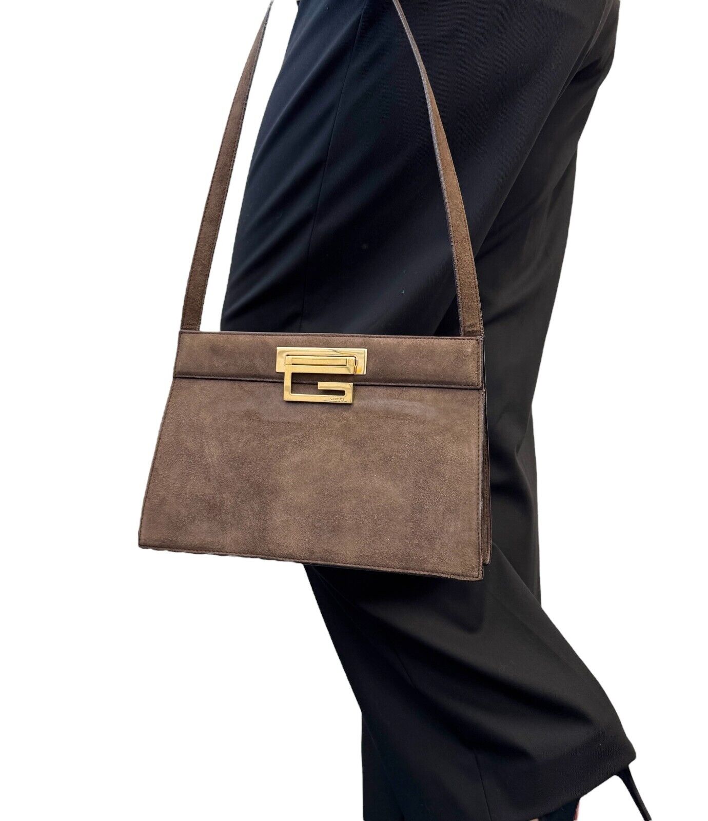 GUCCI Vintage G Square Logo Small Shoulder Bag Brown Gold Suede Leather