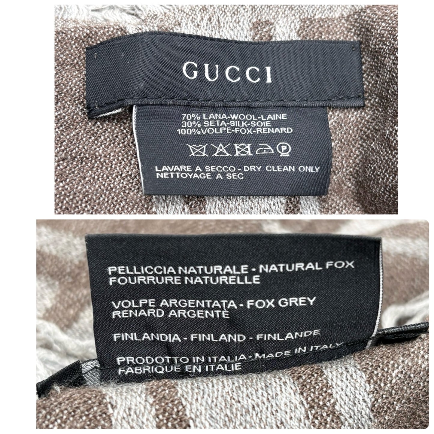 GUCCI Vintage GG Logo Monogram Fox Fur Shawl Scarf Wrap Gray Brown Wool