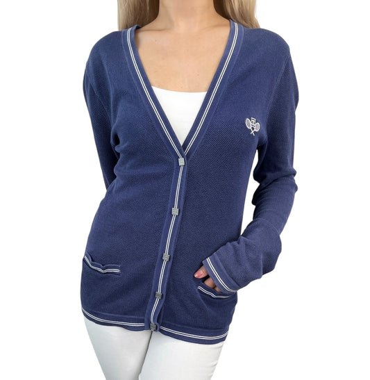 CHANEL Sport Vintage 06P CC Tennis Cardigan Knit Top #34 Blue Cotton Snap Button
