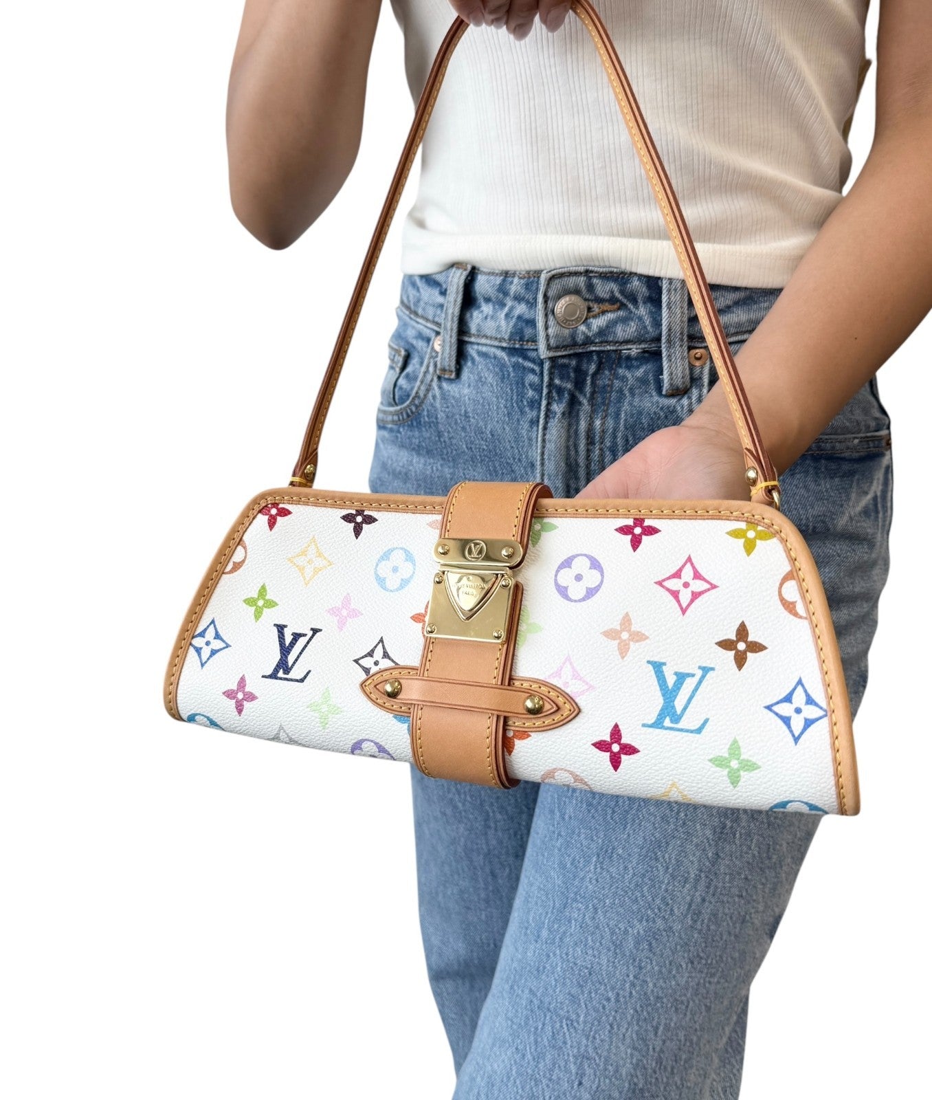 LOUIS VUITTON Vintage Monogram Multicolor Shirley Shoulder Bag White Leather