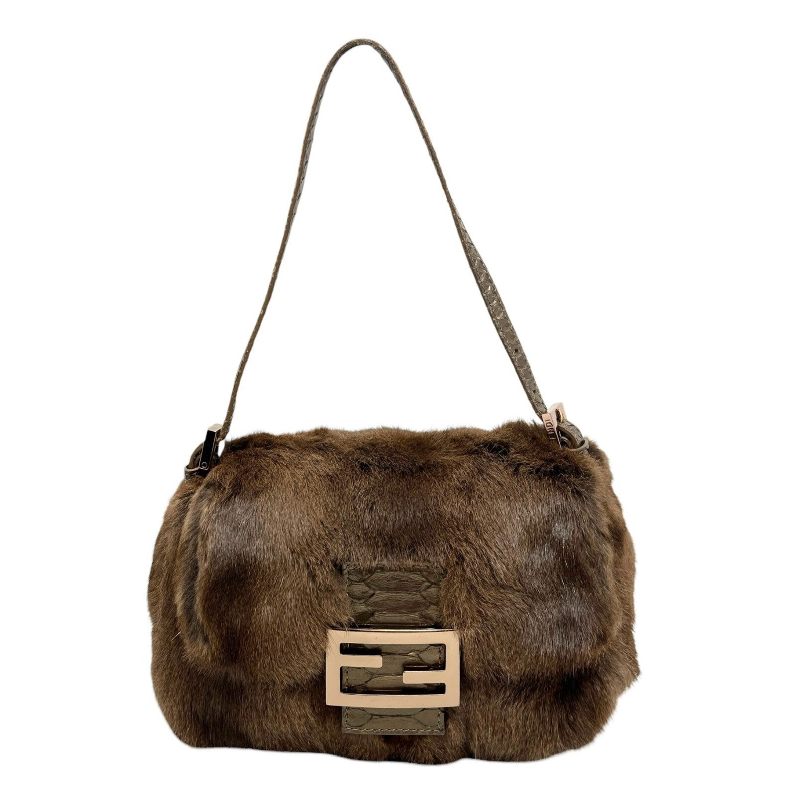 FENDI Vintage FF Logo Fur Mini Mamma Baguette Shoulder Bag Brown Gold Leather