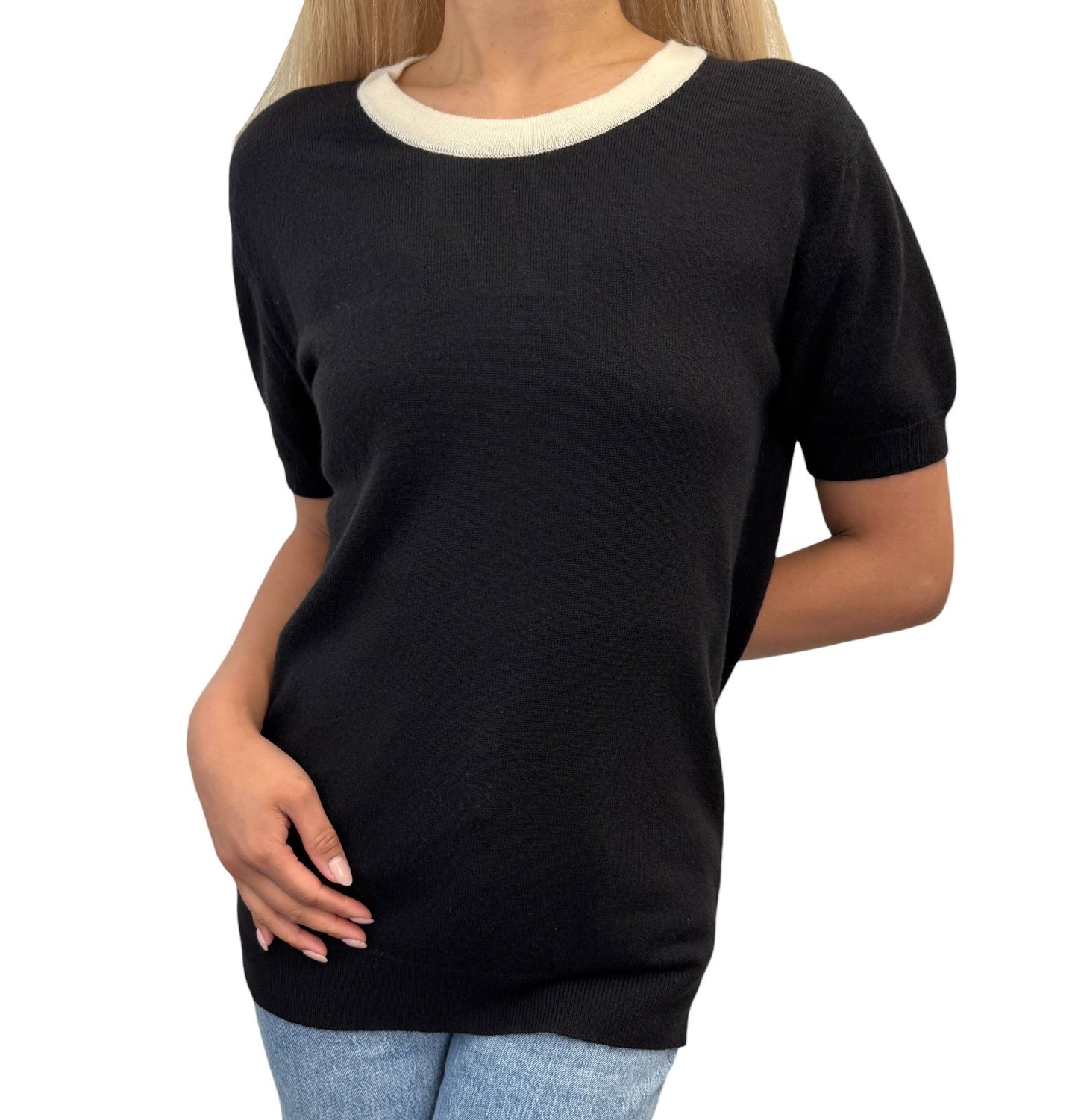 CHANEL Vintage 96A CC Logo Button Knit Top T-shirt #40 Black White Cashmere