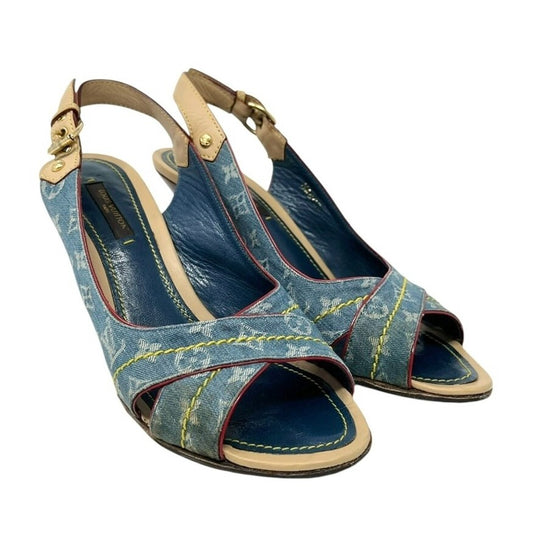 LOUIS VUITTON Vintage LV Logo Monogram Sandals #36.5-37 Blue Beige Denim Belt