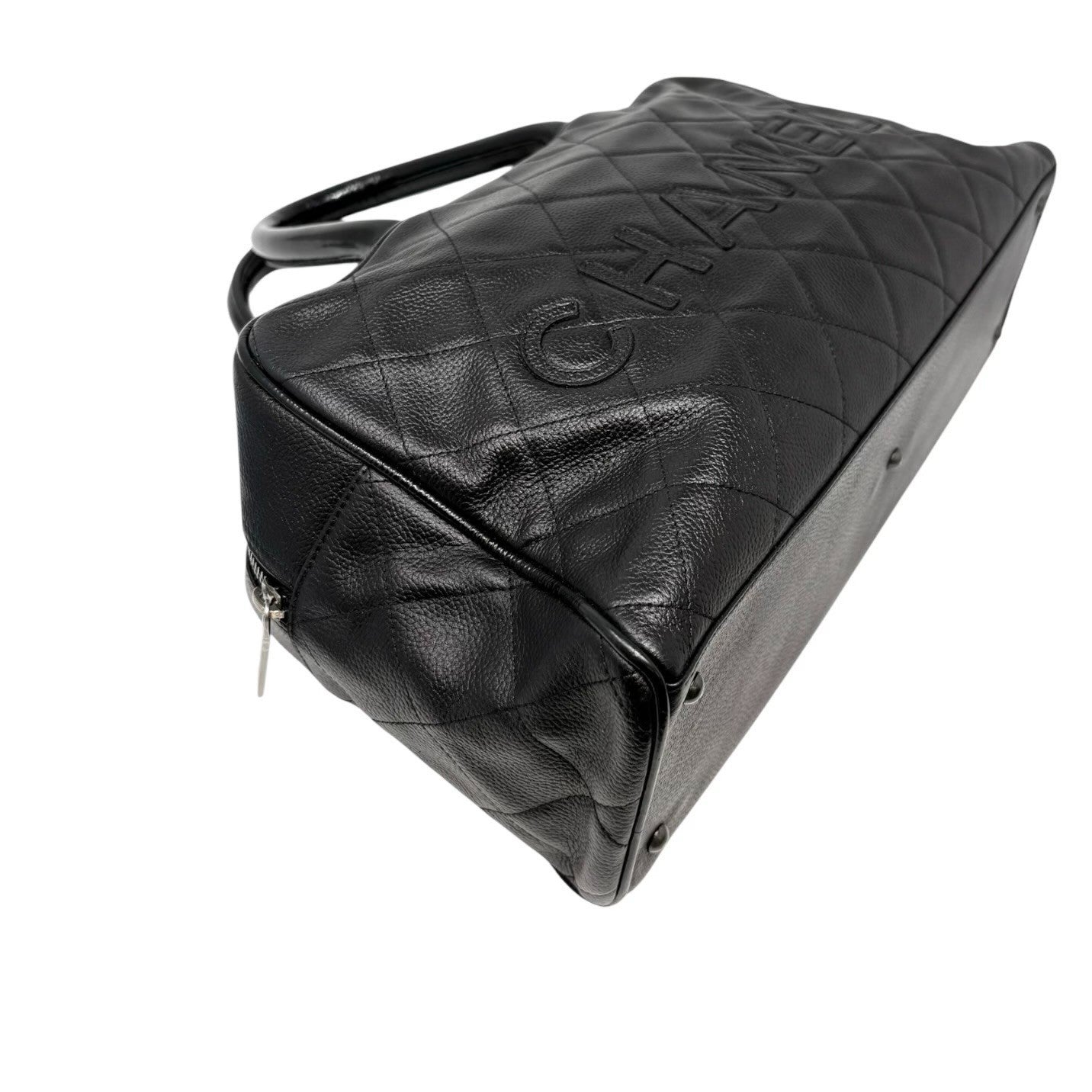 CHANEL Vintage CC Big Logo Quilted Leather Bowling Boston Bag Black Silver