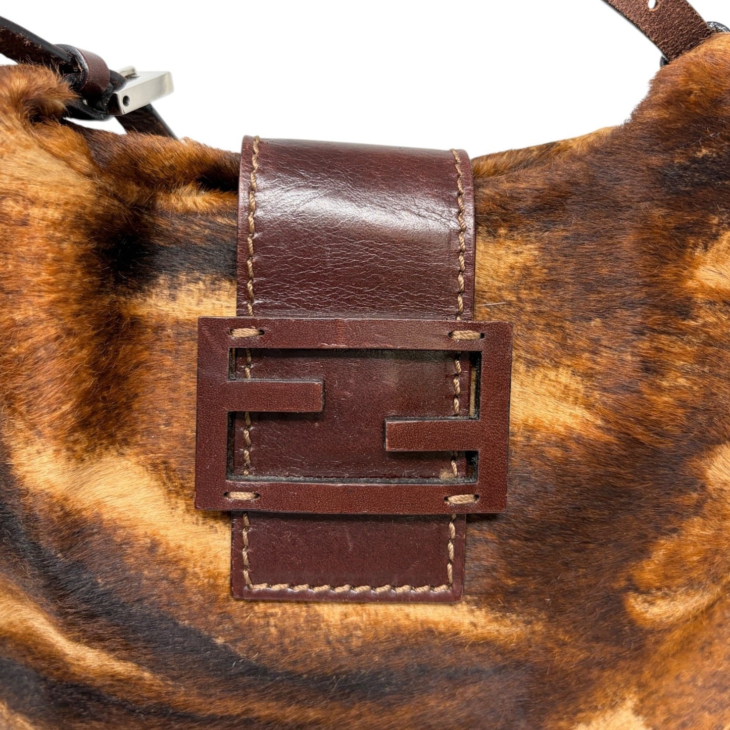 FENDI Vintage FF Pony Calf Hair Shoulder Bag Brown Beige Silver Leather 902217