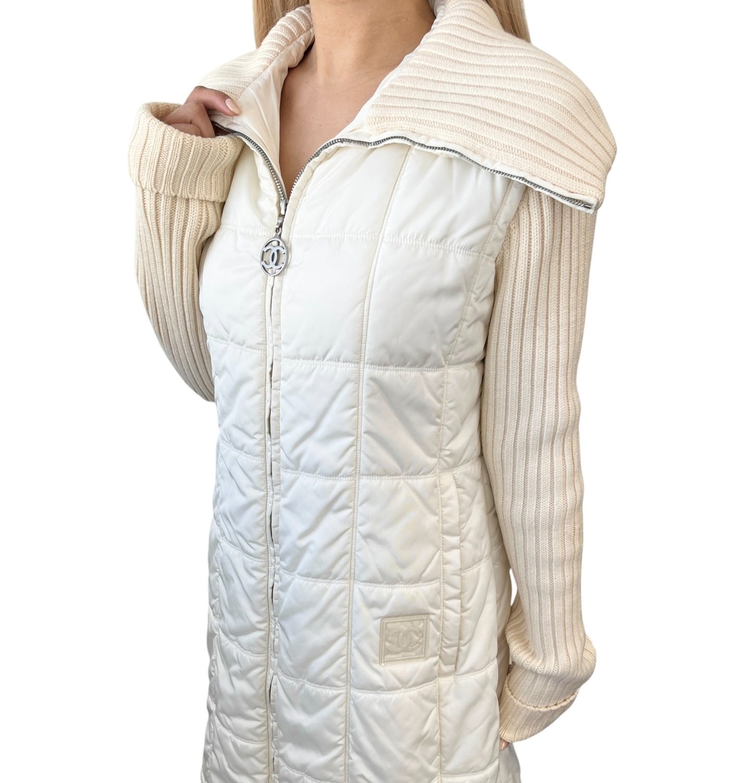 CHANEL Sport Vintage 00A CC Logo Long Puffer Coat Jacket #40 White 901827