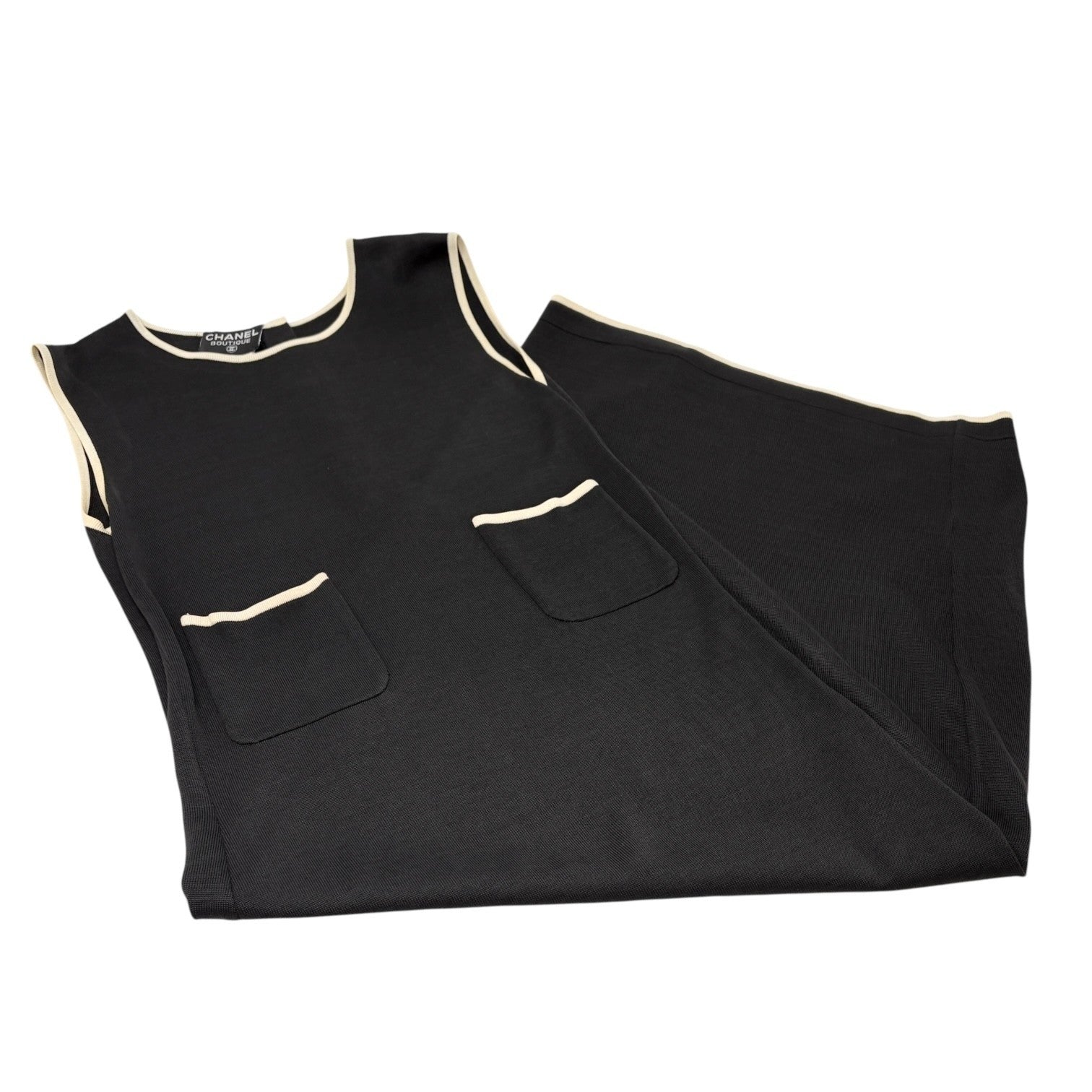 CHANEL Vintage 96C CC Mark Button Long One-piece Dress #40 Black Cream Cotton