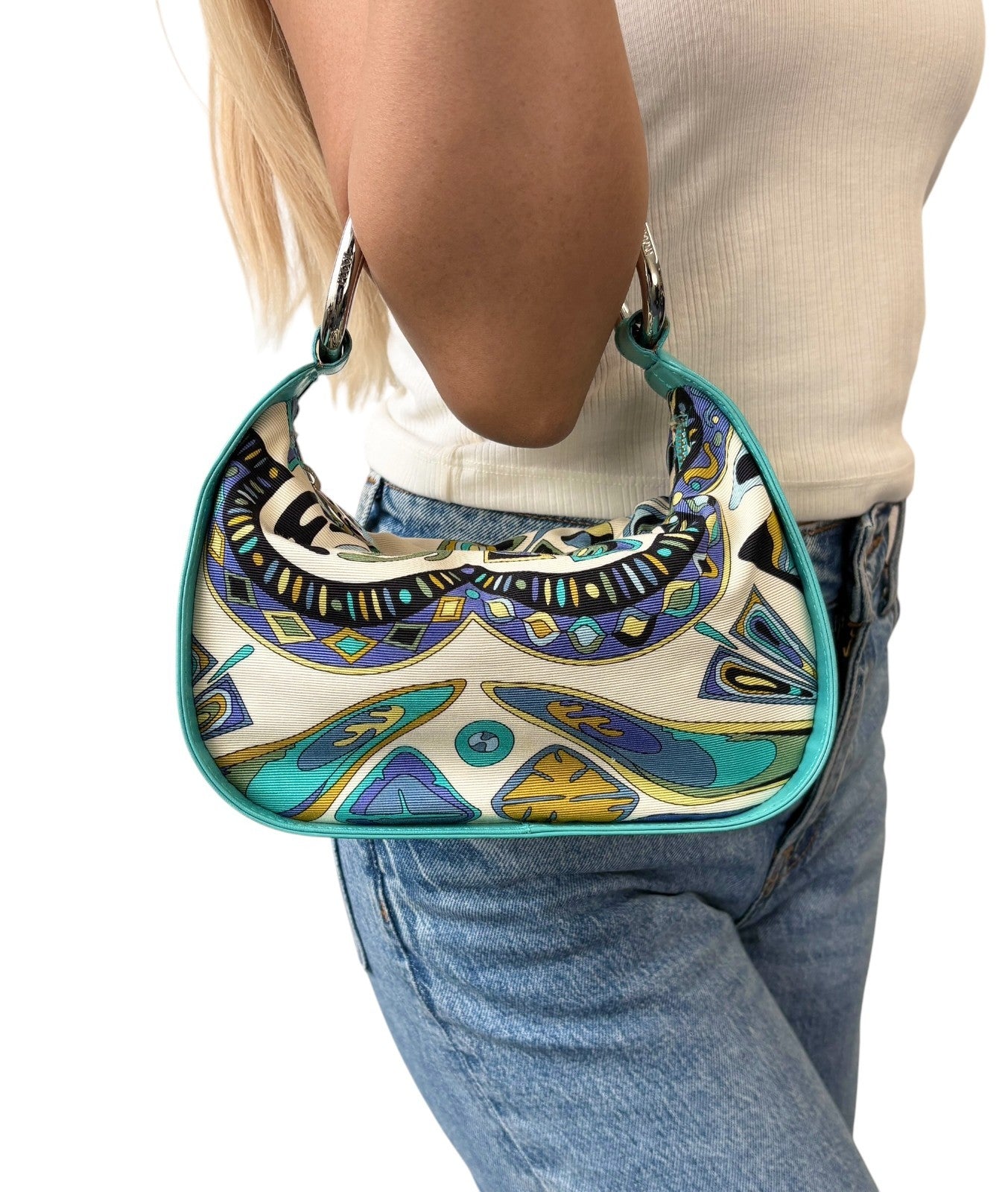 EMILIO PUCCI Vintage Logo Abstract Blue Print Multicolor Hobo Mini Bag Handbag