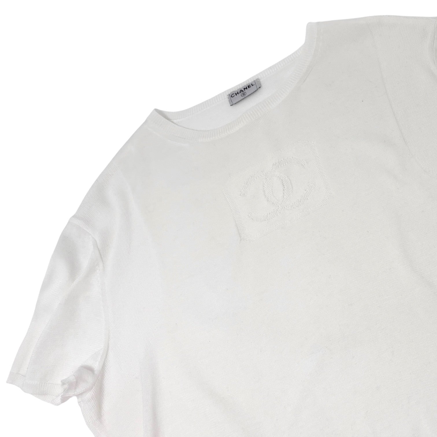 CHANEL Vintage 03P CC Mark Logo Mesh Knit Tshirt Top White Short Sleeve Cotton