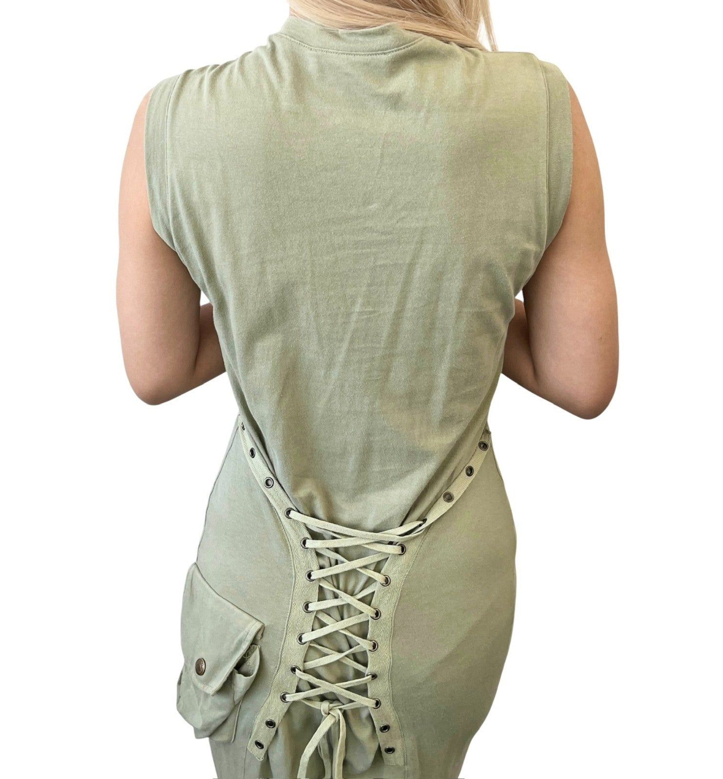 Christian Dior Vintage 2003 Lace Up Dress One-piece #40 Pocket Khaki Cotton