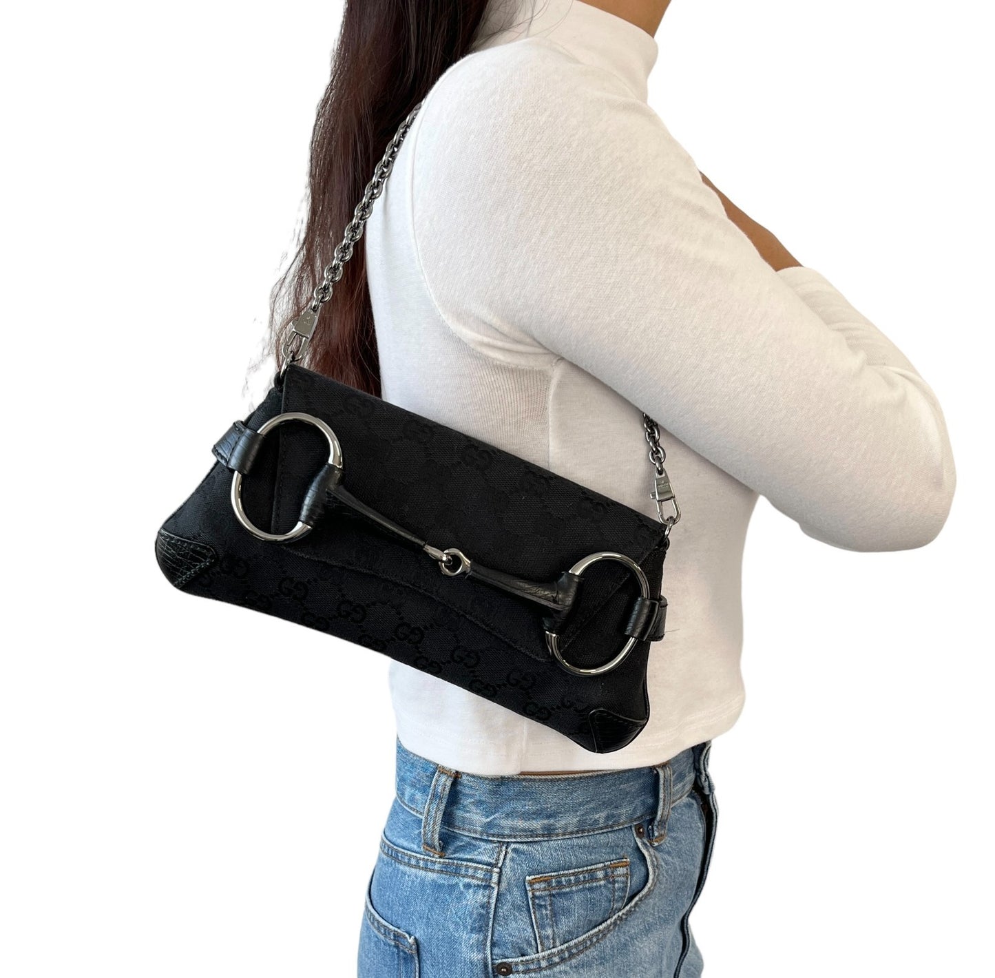 GUCCI Vintage GG Monogram Horsebit Chain Mini Bag Black Silver Canvas 902022