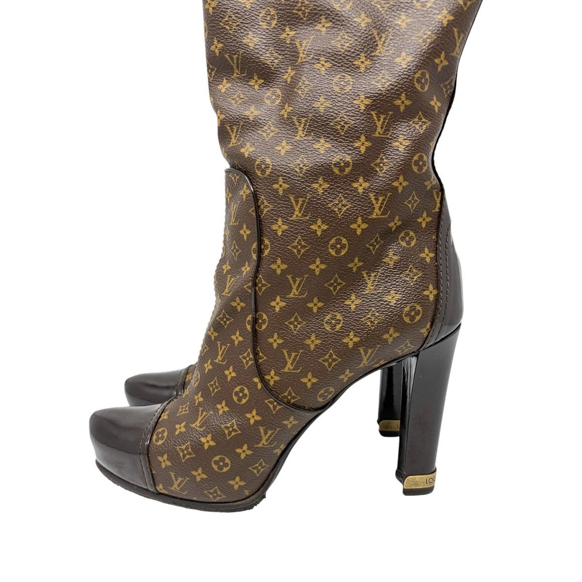 LOUIS VUITTON Vintage LV Monogram Long Boots #37-37.5 Heels Brown Black 902463