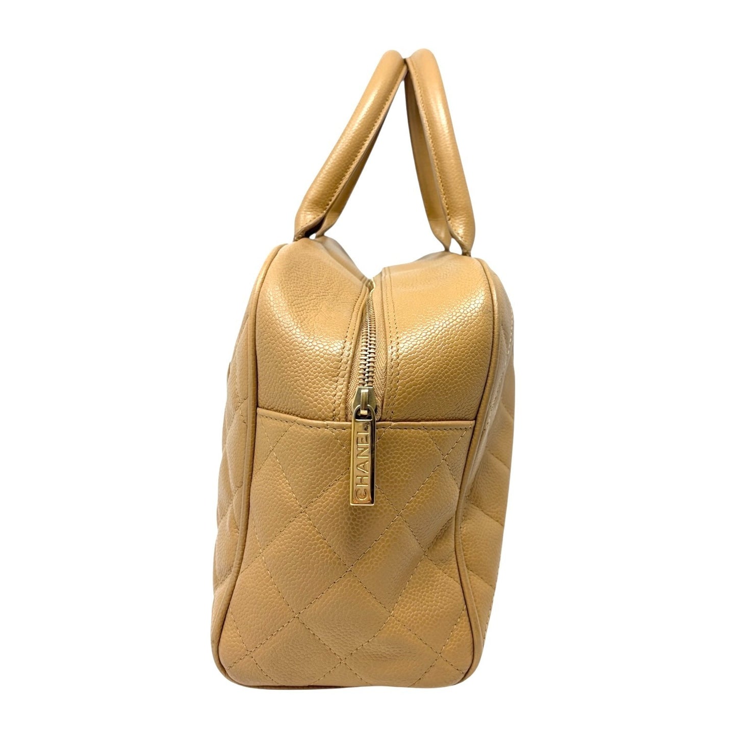 CHANEL Vintage Big CC Logo Quilted Leather Boston Bowling Bag Beige Gold Stitch