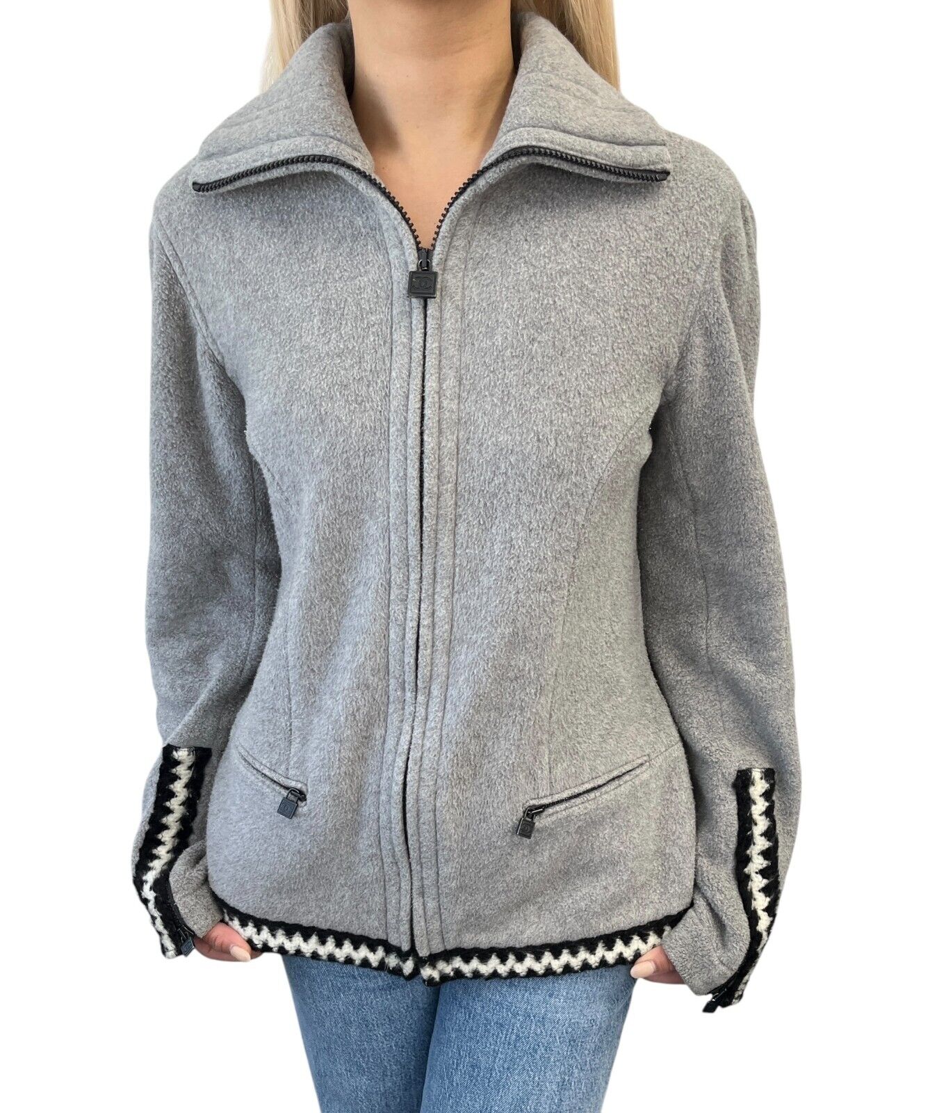 CHANEL Sport Vintage 06A CC Logo Trim Jacket #38 Zip Pocket Gray Black Cotton