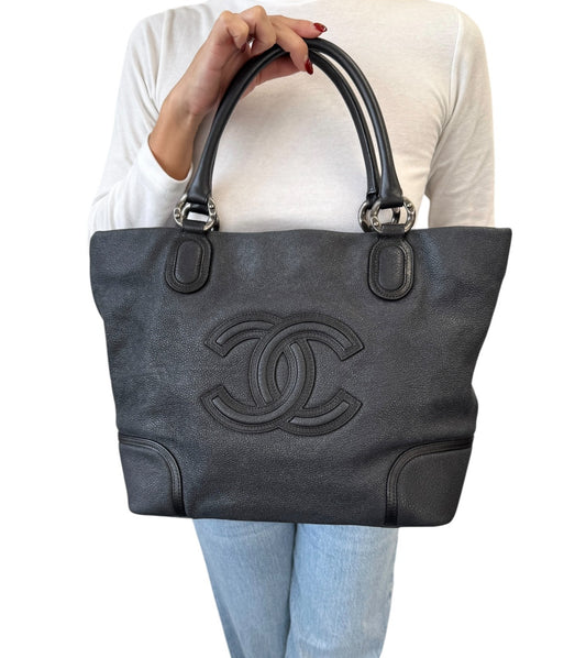 CHANEL Vintage Calfskin Leather Tote Shoulder Bag Black Distressed CC Stitch