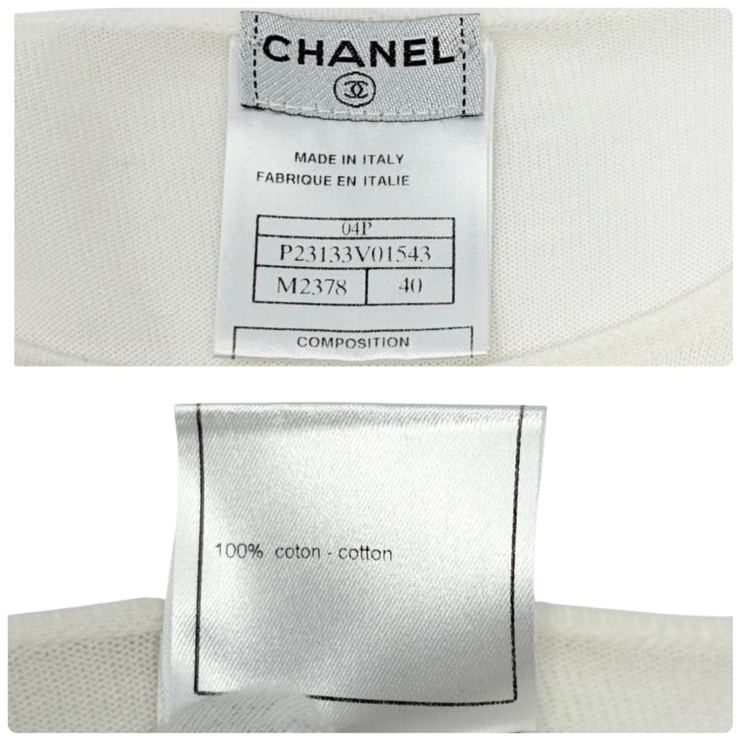 CHANEL Vintage 04P CC Logo T-Shirt Top #40 Short Sleeve White Black Cotton