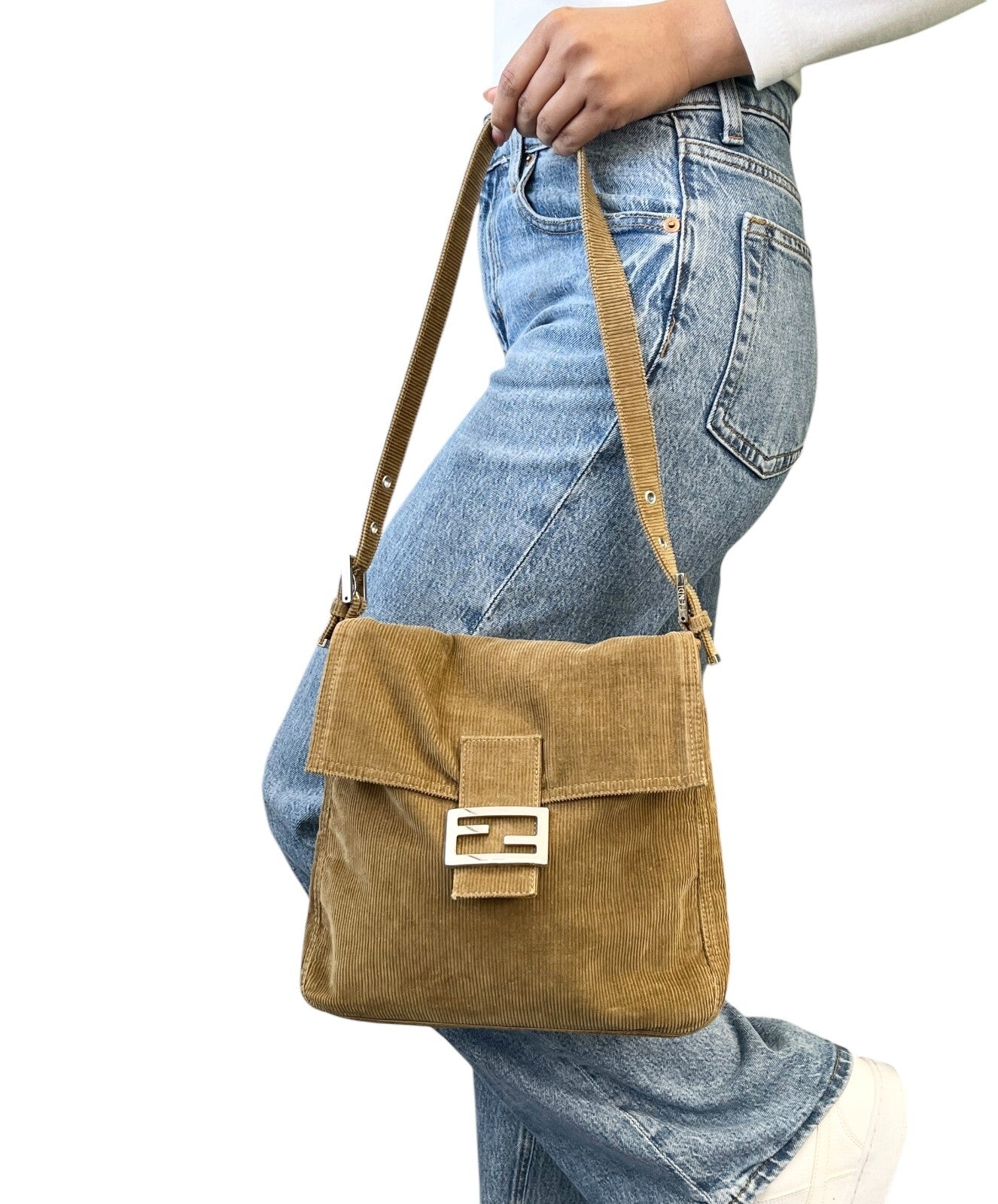 FENDI Vintage FF Logo Mamma Baguette Shoulder Bag Corduroy Brown Silver Cotton
